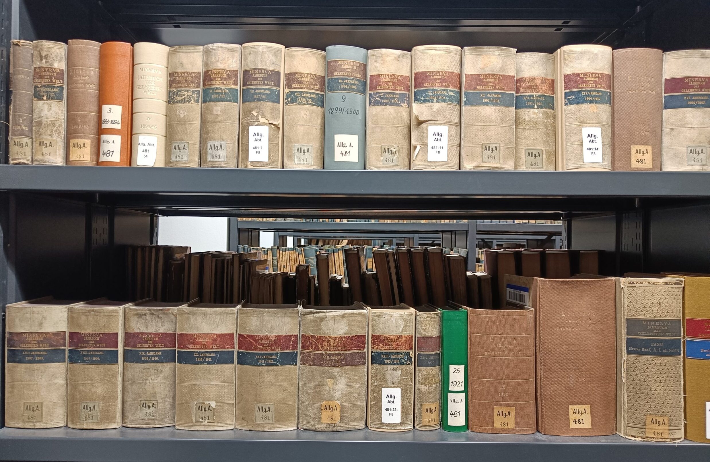 Row of old bound volumes of Minerva: Jahrbuch der gelehrten Welt on a library shelf, their spines showing gold lettering and volume numbers.